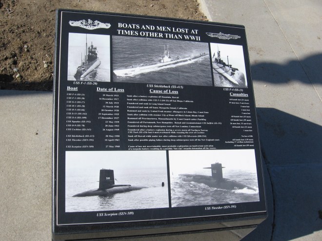 A new plaque respectfully recounts those Boats and Men Lost at Times Other Than WWII. A faded, identical plaque has been replaced in this photo, which I took at a later time.