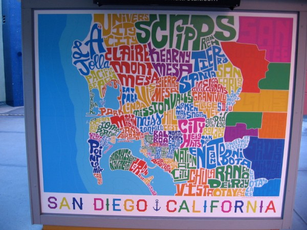 Cool map made of colorful words shows different neighborhoods, lakes, beaches and parks in San Diego.