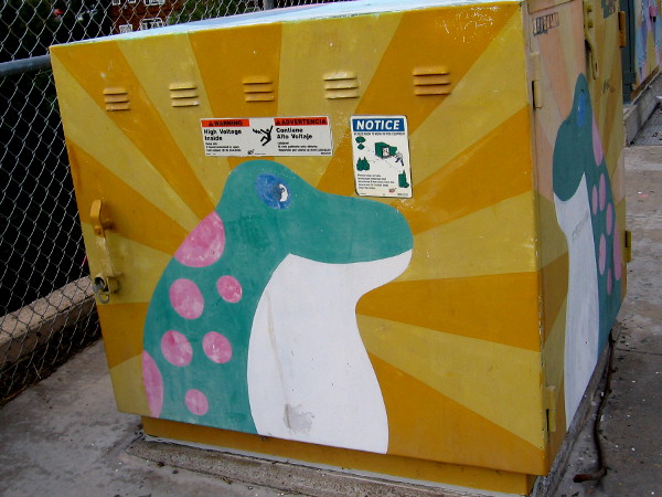 A funny spotted creature of some kind decorates an electrical box on Fourth Avenue near the Quince Street Bridge.