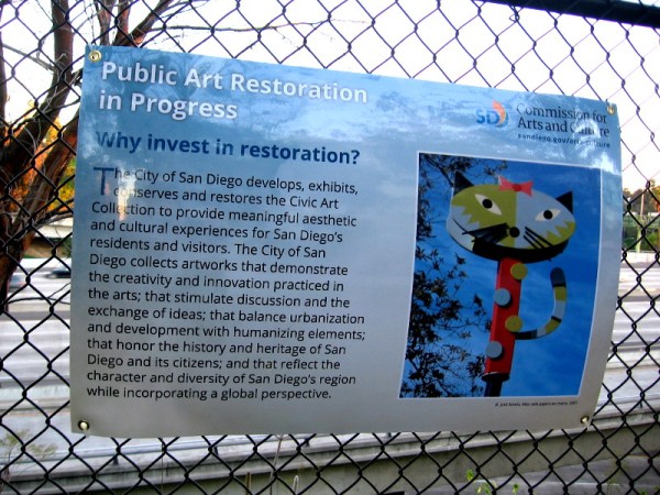 Public art restoration in progress. The City of San Diego develops, exhibits, conserves and restores the Civic Art Collection to provide meaningful aesthetic and cultural experiences for San Diego's residents and visitors.