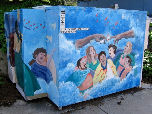 A diverse choir of humans singing joyfully in heaven. The Creation of Adam by Michelangelo is represented with touching fingers producing musical notes.