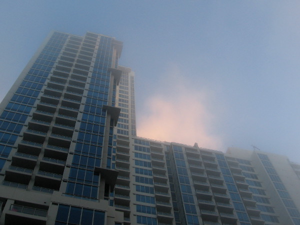 Vantage Pointe in downtown San Diego rises into a fog illuminated by the rising sun.