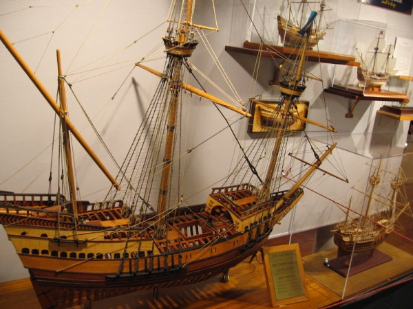 Half a dozen ship models in different scales of the San Salvador, historic galleon of explorer Juan Rodriguez Cabrillo, who discovered San Diego Bay for Spain in 1542.