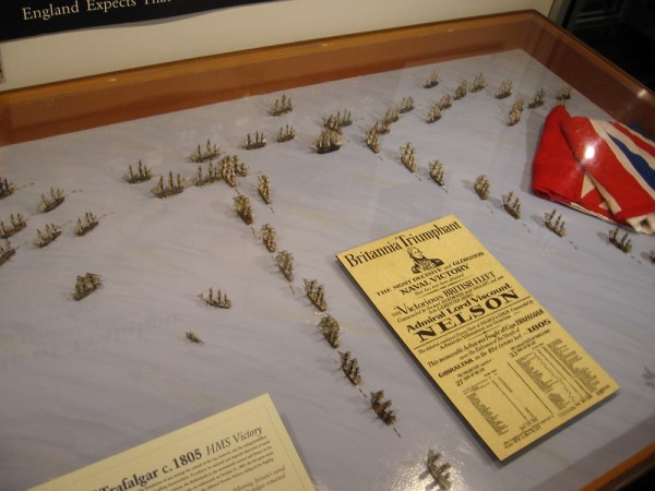 Tiny model ships recreate the Battle of Trafalgar between the British Royal Navy and the Spanish fleet in 1805. Admiral Nelson sailed two columns directly into the opposing line of ships.