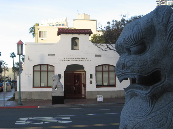Gazing past stone lions at the entrance of the San Diego Chinese Historical Museum.