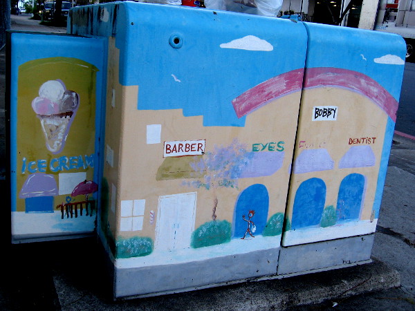 Ice cream, barber, eyes, dentist. A happy stick figure walks down an imaginary Bankers Hill sidewalk.