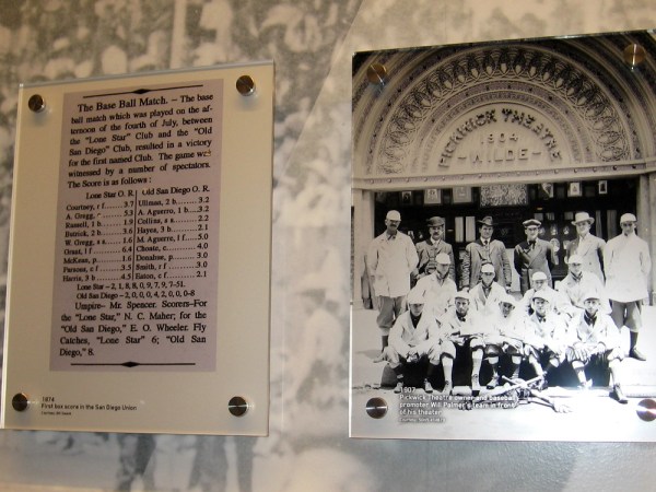 The first box score in the San Diego Union in 1874, and a 1907 photo showing local team posing in front of the Pickwick Theatre in downtown San Diego.