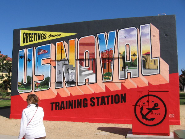 Greetings from U.S. Naval Training Center. A cool new mural at Liberty Station by artists Victor Ving and Lisa Beggs.