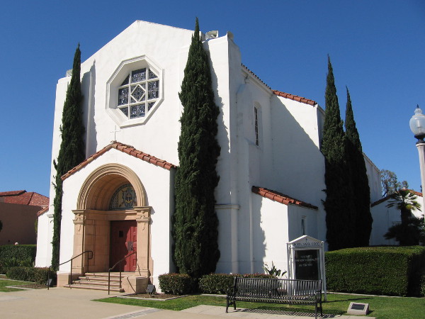 Photo of the eye-pleasing USNTC North Chapel, reflecting the Point Loma sunshine one Sunday.