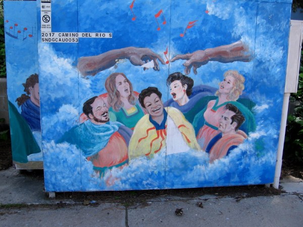 Musical street art near both First United Methodist Church of San Diego and St. Francis and St. Tarcicius Catholic Church. An imaginative glimpse of happiness and harmony in heaven.