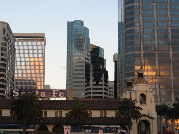 Reflected sunset in many different glass windows behind the Santa Fe Depot.