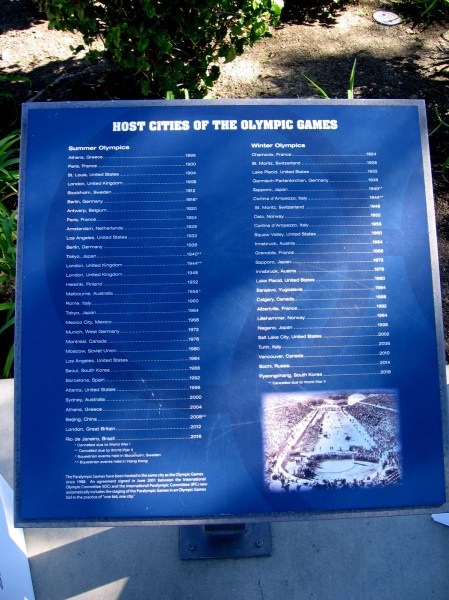 Several plaques were arranged around the courtyard. This one lists all the host cities of the Olympic Games--both Summer and Winter.