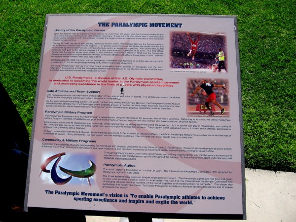 The history of the Paralympic movement is described on this sign. Sport for athletes with an impairment has existed for more than 100 years.