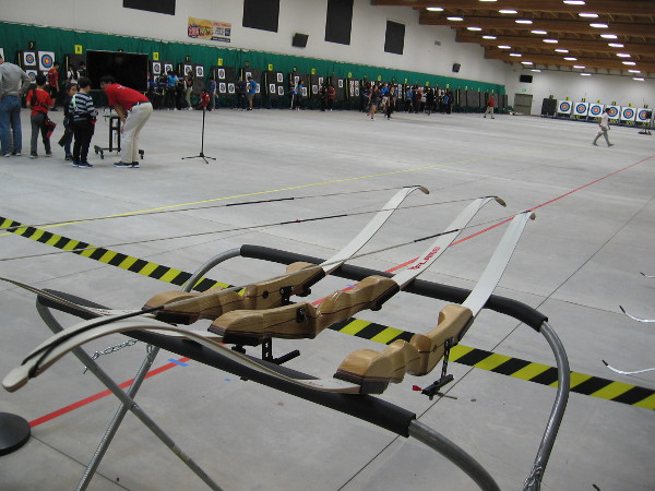 Bows await inside the immense indoor archery range at the Chula Vista Elite Athlete Training Center.