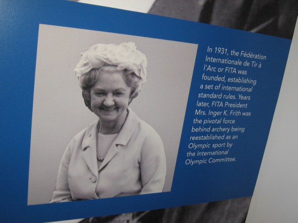 Photo of FITA President Mrs. Inger K. Frith who helped archery to become reestablished as an Olympic sport by the International Olympic Committee.