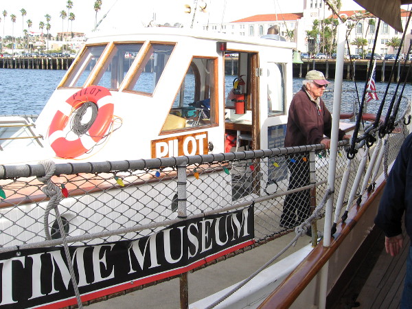 Ready to board the small Pilot boat, one of many historic vessels at the Maritime Museum of San Diego. We're going to enjoy a short harbor cruise!