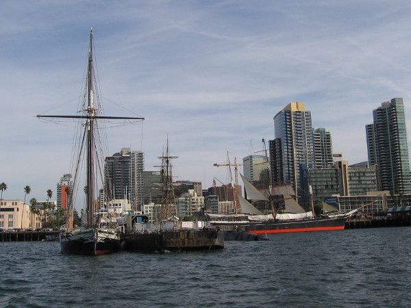 We've turned southward and pass the ships of the Maritime Museum. Some of San Diego's skyline is visible in this photo.