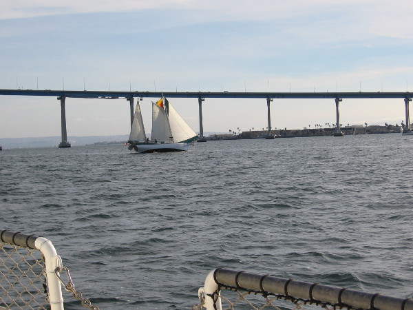 Looking south as we approach the Coronado Bay Bridge. Way off in the distance I see Mexico. Nearer, to the right, is a part of Coronado--the Naval Amphibious Base where Navy Seals train.