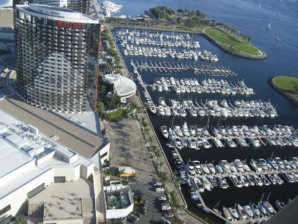 View from the Top of the Hyatt. The Marriot Marquis and Marina can be seen below, sparkling in the San Diego sunshine.