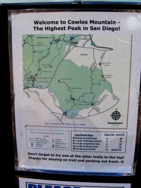Map shows trails to the summit of Cowles Mountain in Mission Trails Regional Park, which is the largest municipal park in the state of California.