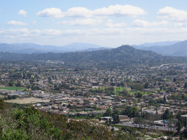 Rounding a corner, we can now see to the southeast. The nearer peak is Mt. Helix in La Mesa.