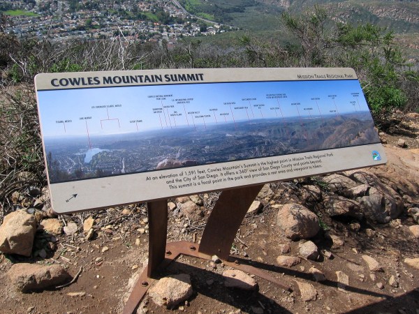 Sign shows sights from the south to the west, including distant Tijuana, Los Coronados Islands (which I could barely see), the Silver Strand, Point Loma, Mission Bay and Mount Soledad.