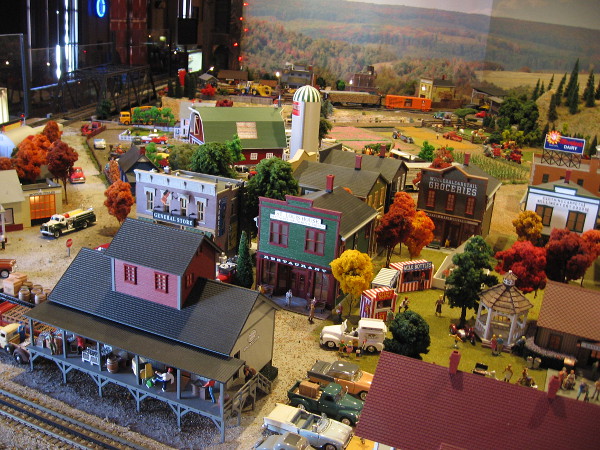 Many model buildings populate the O-Scale train layout. It's the same scale used by classic Lionel Trains.