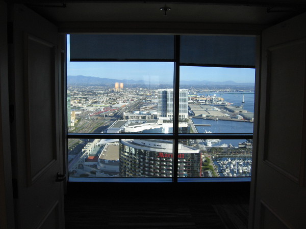 Approaching the south observation window on the 40th floor of the Manchester Grand Hyatt.