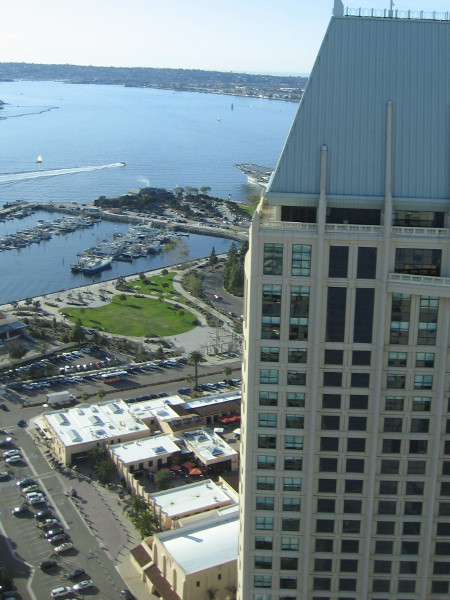 At the other window, looking northwest, past the hotel's second tower, one can see a slice of San Diego Bay and Point Loma.