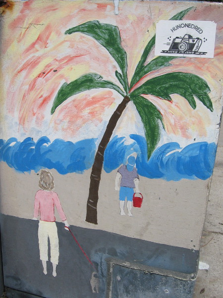 Someone with a pail and someone walking a dog.