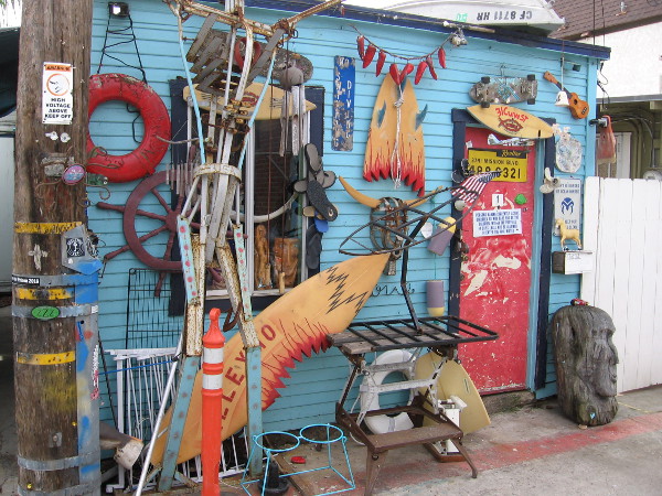 Loads of creative art and fun beachy stuff in front of Vinny's place, an example of the cool Mission Beach vibe.