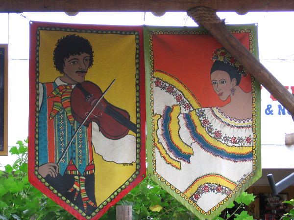 Colorful banners behind the stage.