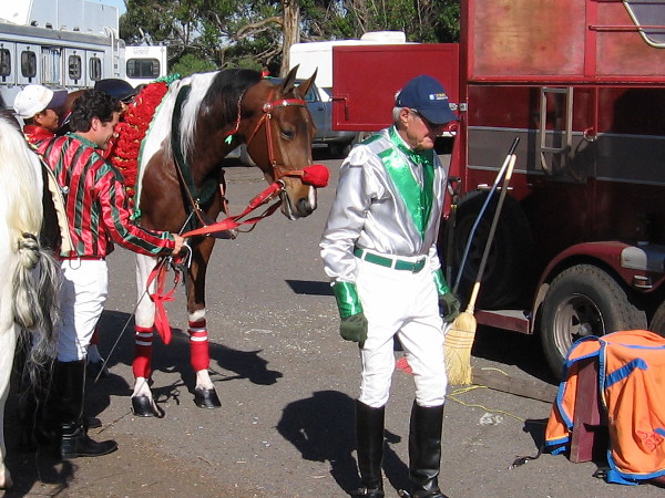 Horse and rider get ready in Balboa Park's Marston Point parking lot.