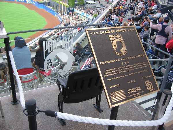 As I walked about the stadium, I took a photo of the Chair of Honor. The empty chair honors prisoners of war and those missing in action.