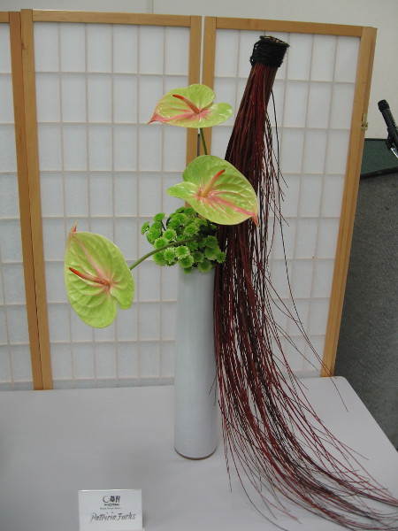 Freestyle arrangement by Patricia Fuchs. Sogetsu School of Ikebana. Materials include anthurium, dogwood, pom pom mum, japanese rope.
