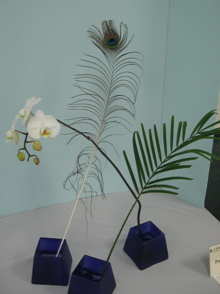 Pat Schneider combined a simple orchid, peacock feather and palm leaf.