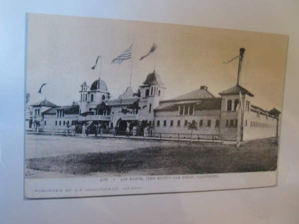 Old photo of Los Banos, a bathhouse which was located just south of Santa Fe Depot. The neo-Moorish structure designed by William S. Hebbard and Irving J. Gill opened in 1897.