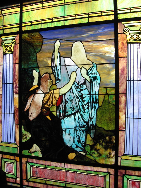 The beautiful stained glass is both mysterious and penetrating.