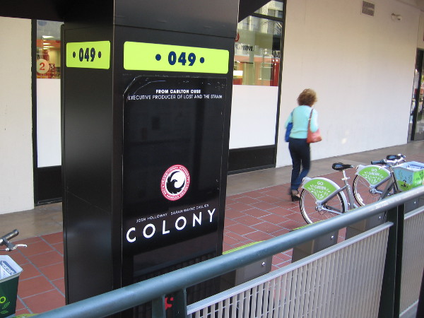 Deco Bike rental station still contains graphic from last year's San Diego Comic-Con. The television show Colony, a science fiction series on USA Network, was being heavily promoted.