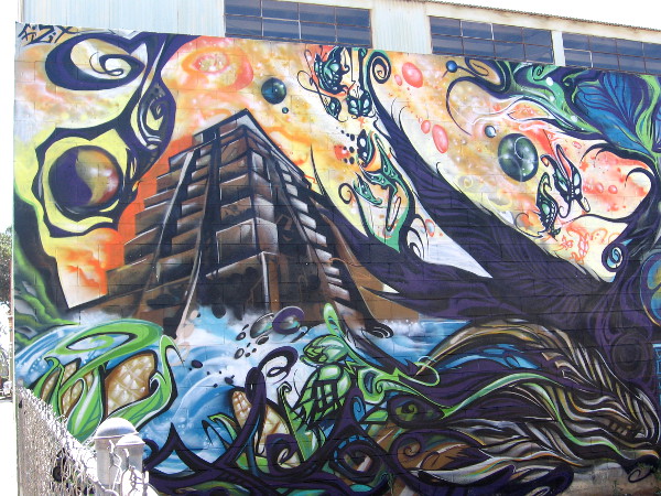 Cool graffiti in Barrio Logan includes butterflies and a Mesoamerican pyramid.