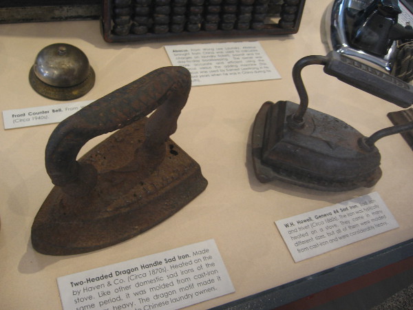 Chinese laundries in San Diego utilized irons, counter bells, an abacus, and other useful objects.