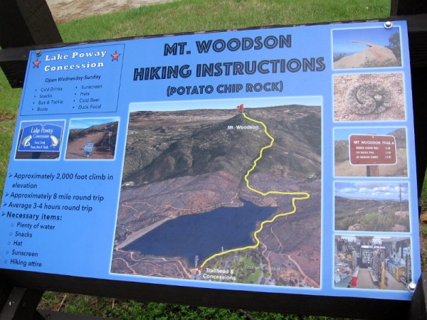 Sign near beginning of Lake Poway Trail shows how to continue on to the summit of Mt. Woodson, location of the famous Potato Chip Rock.