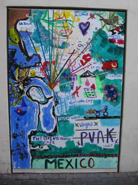 Creatively drawn map includes parts of San Diego County and the Mexican border. A variety of messages can be read.