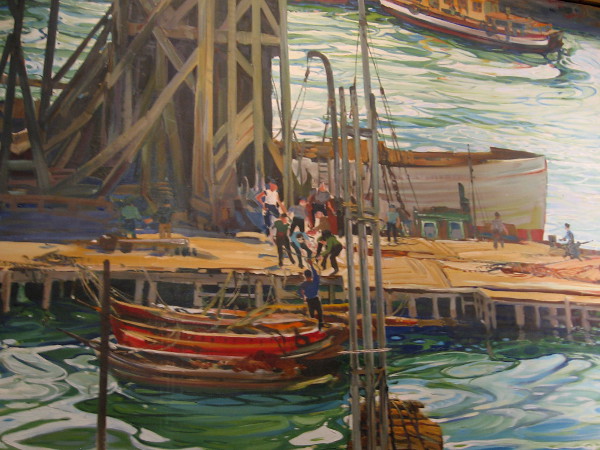 This part of the fantastic oil painting depicts a pier and activity on San Diego Bay.