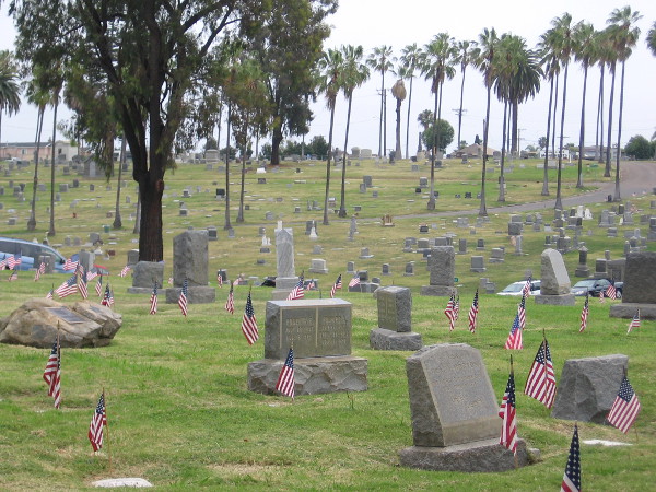 American flags decorate the graves of fallen soldiers.