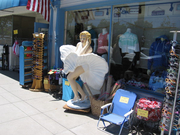 A life-size Marilyn Monroe by an Orange Avenue shop in her iconic pose. She starred in the classic movie Some Like It Hot, which was filmed at the nearby Hotel del Coronado.