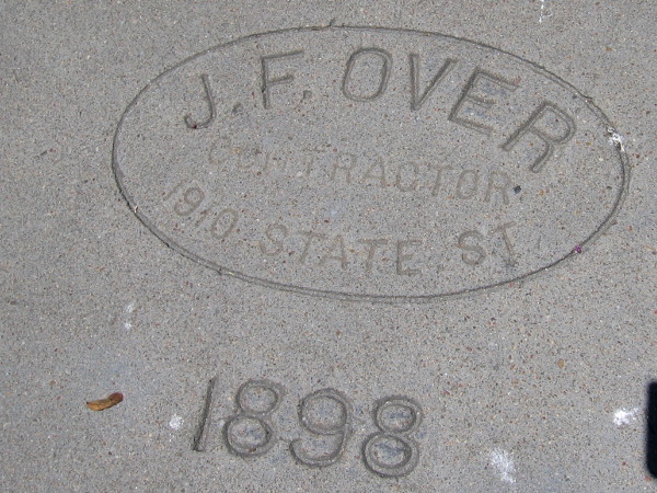 Concrete sidewalk in front of the Spreckels "beach house" is stamped 1898.