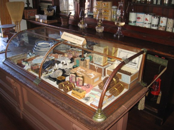 The Whaley and Crosthwaite General Store. Many items available for purchase included whiskey, wine, buckwheat, macaroni, codfish, pickles, catsup, tin ware, hardware, stationery, clothing and shoes.
