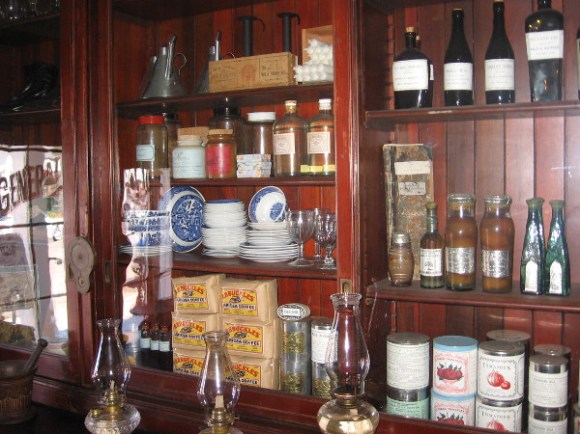 Shelves behind the store's counter contain products one might buy in the mid to late 1800's in San Diego. Goods that arrived by ship around Cape Horn were later obtained via transcontinental railroad.
