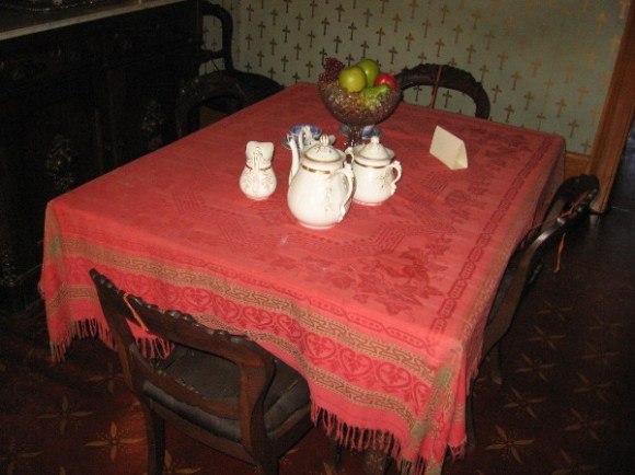 Next on the self-guided tour is the circa 1860s dining room. The chairs are upholstered with woven horse hair. They've survived a century and a half in pretty good condition.